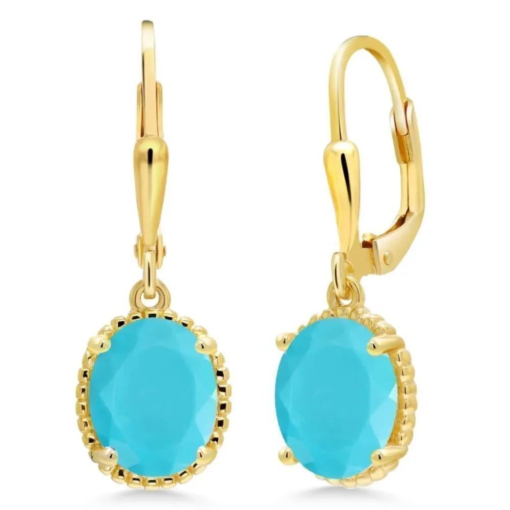 18K Yellow Gold 925 with 3.00 Cttw Blue Turquoise Oval Leverback Hook Earrings